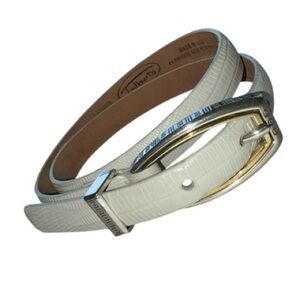 Talbots Cream Reptile Print Thin Leather Belt Mixed Metal Silver Gold Buckle XS